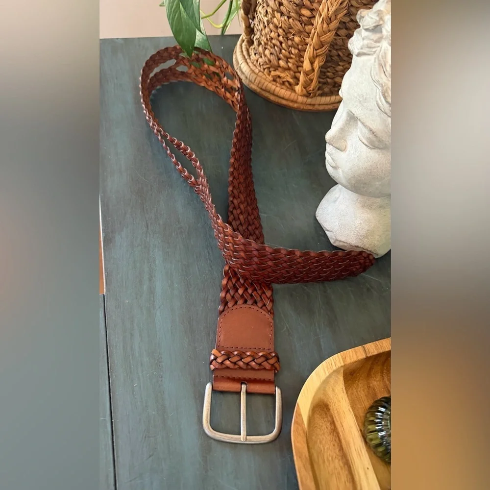 Wide Woven Braided leather belt with silver-colored buckle. XL